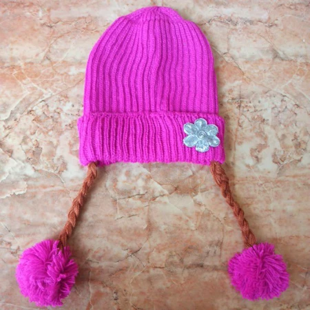 Topi Rajut Kepang Anak Bunga - Pink Fanta